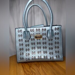 Chic Light Blue Satchel with Patterned Design